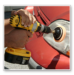 Use a 4" orange pad to work Wolfgang Plastik Lens Cleaner into the headlight.